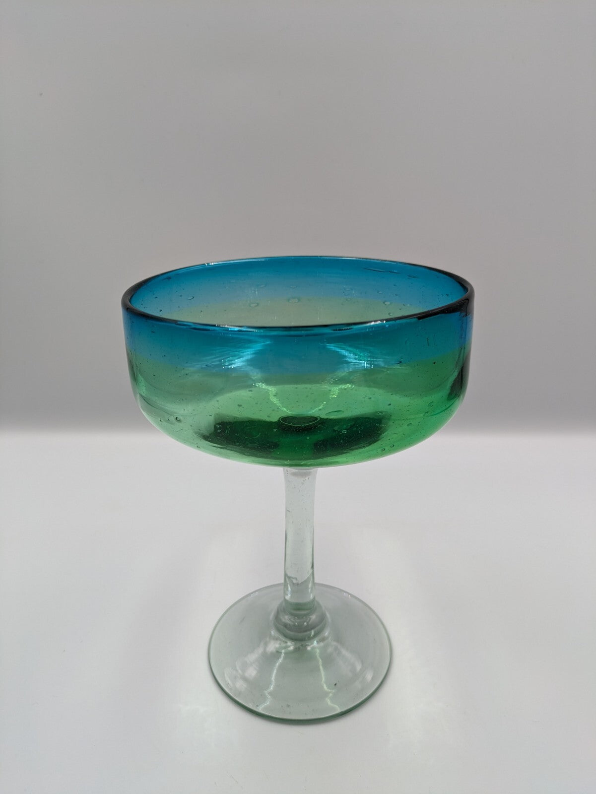 Vtg Hand Blown Aqua Blue and Green Margarita Glasses Two Toned Glass Bubbles Vgc