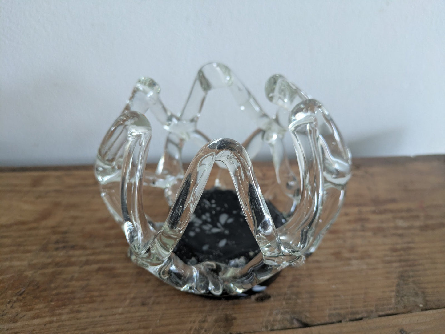 Vintage Murano Style Lattice Webbed Vase Glass Black Clear Centrepiece Bowl Vgc