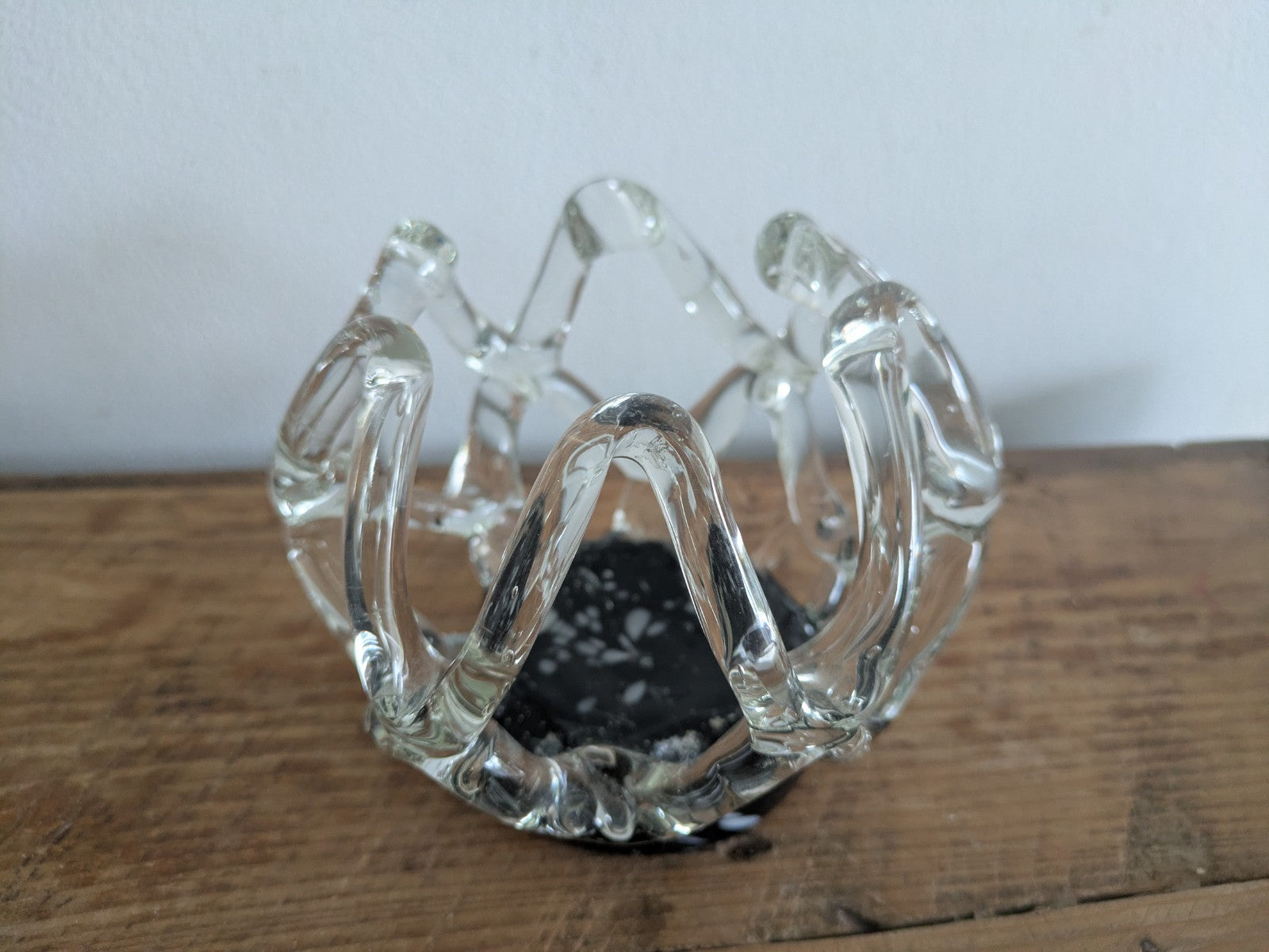 Vintage Murano Style Lattice Webbed Vase Glass Black Clear Centrepiece Bowl Vgc