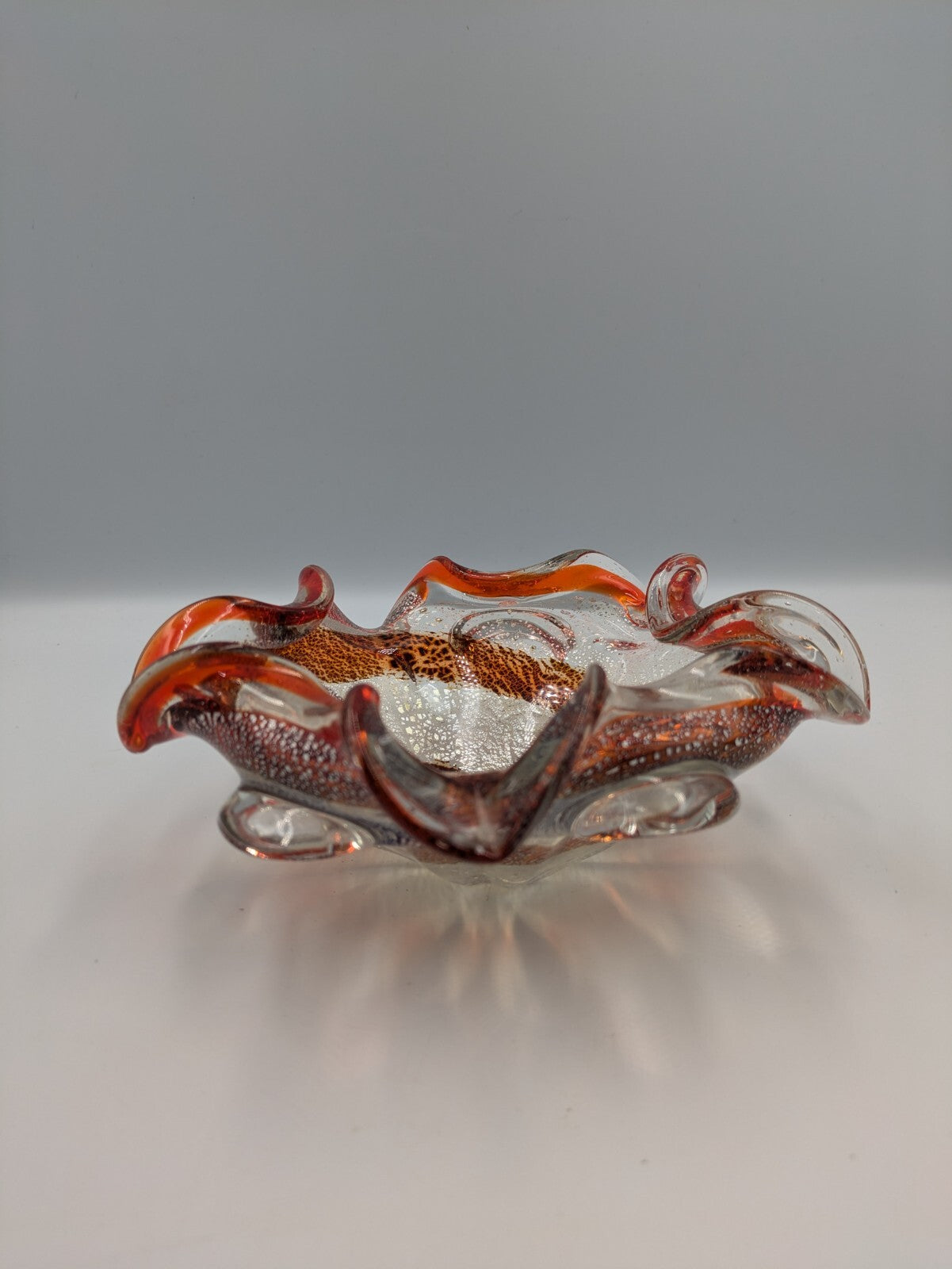 Vintage Retro Murano Art Glass Bowl Red Spiral Gold Dust Aventurine Dish Display