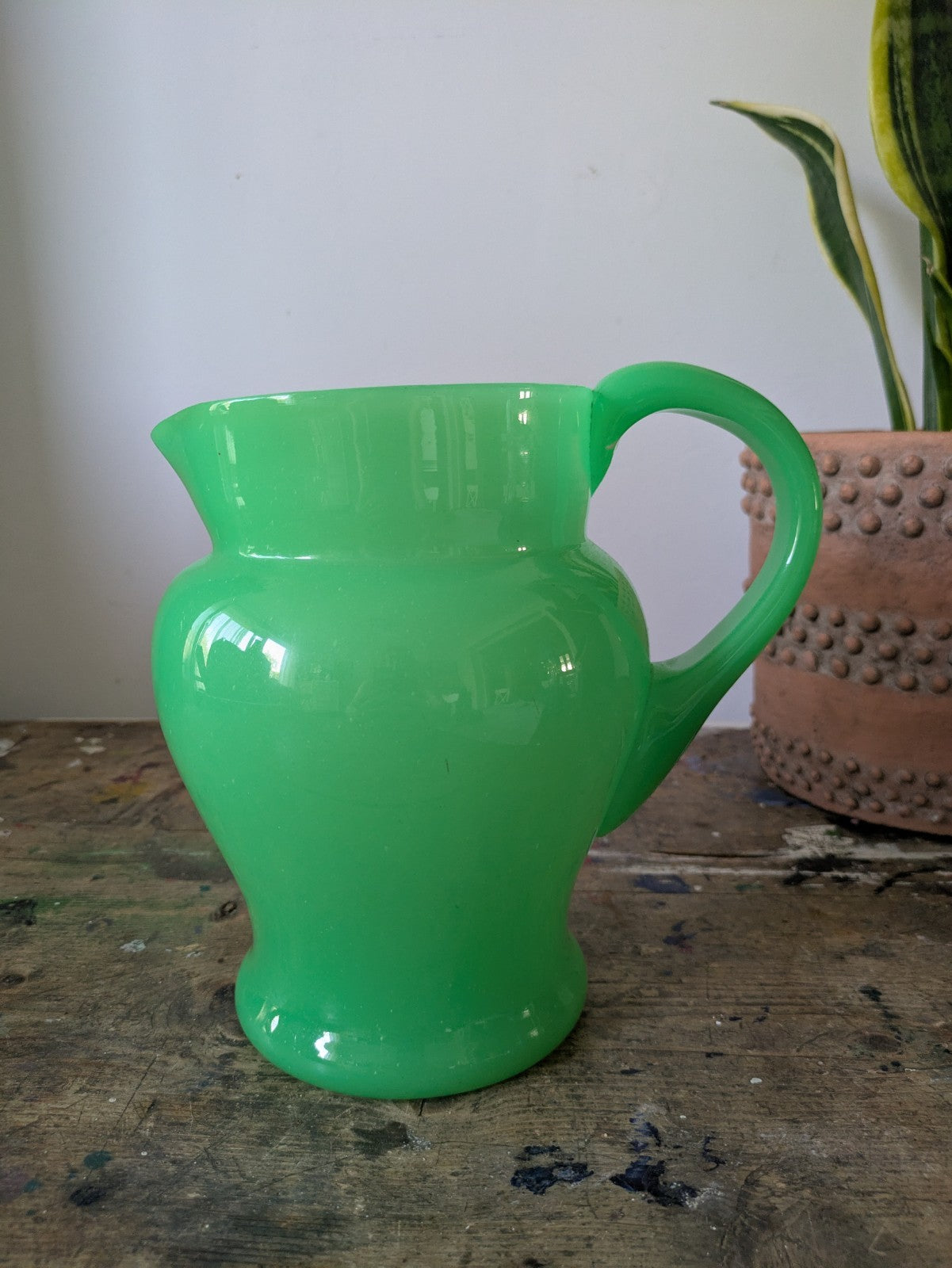 Antique Green Uranium Glass Water Jug Pitcher Jade Jadeite Art Deco Opaque Large