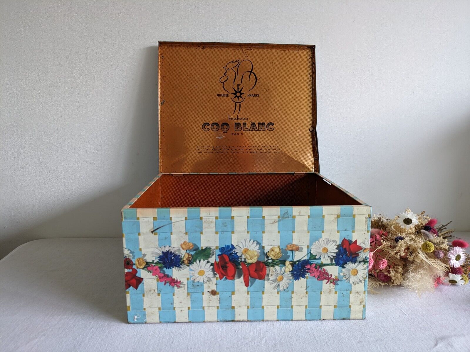 Rare French Oversize XL Coq Blanc Bonbon Sweet Collectable Tin Box Container Vtg