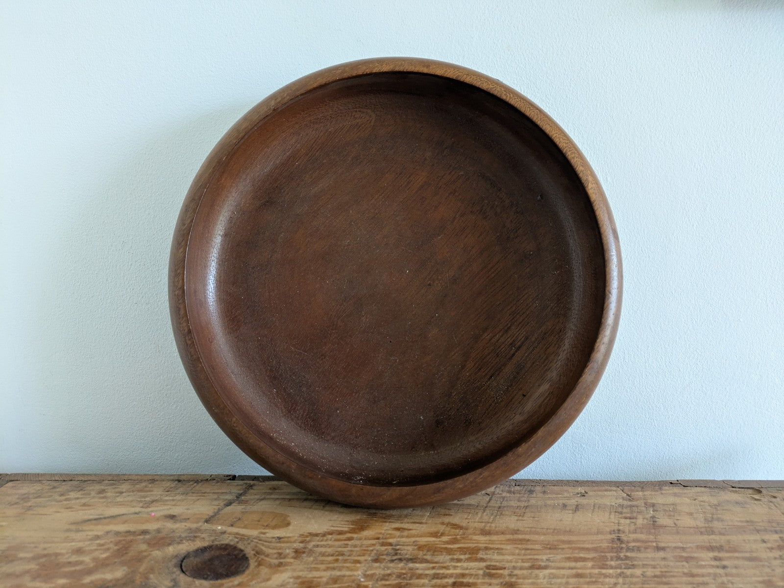 Vintage Mid Century Retro Solid Wood bowl Fruit Serving Round Prop Platter Dark