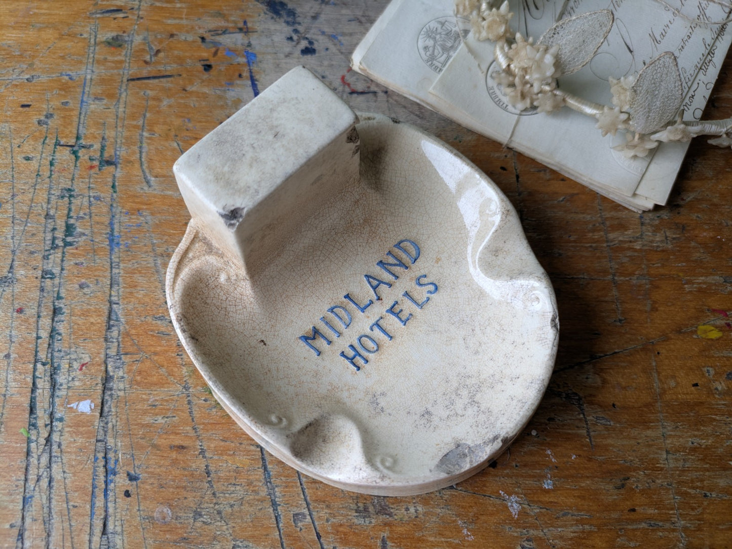 Antique Midland Hotels Ironstone Match Striker Ashtray Crazed Advertising Rare 