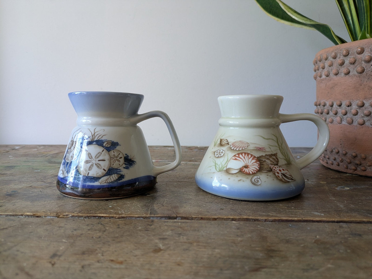 2x Beach Ocean Seashells Seaweed Ceramic Travel Mug No Spill Otagiri VTG Pair