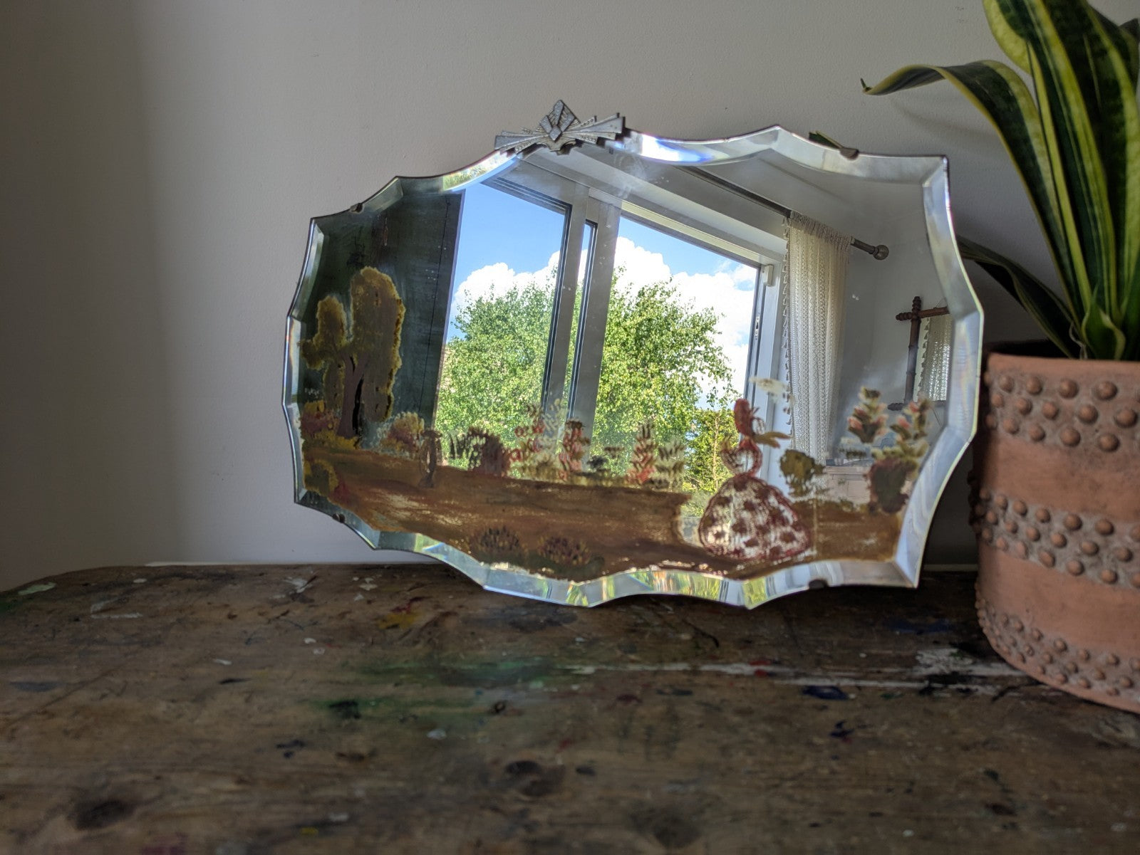 Vintage Art Deco Hand Painted Bevelled Wall Mirror Crinoline Lady Spring Garden