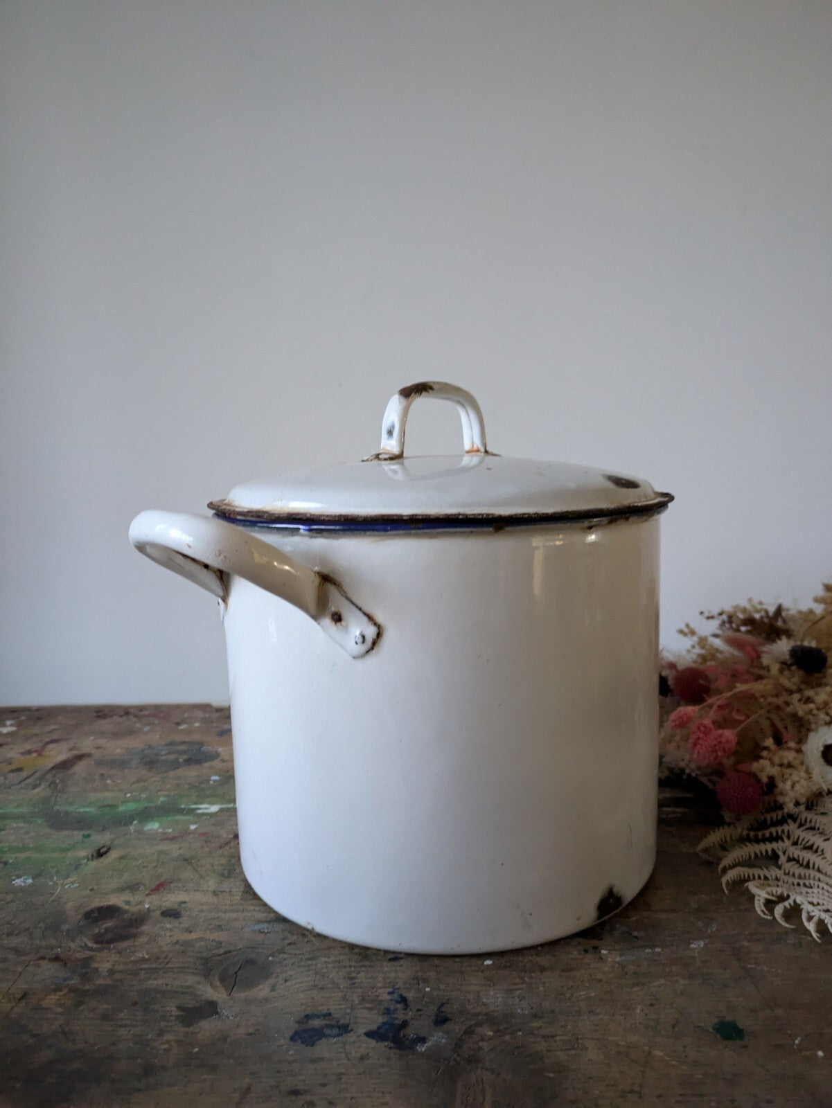 Antique Enamel French Flour Pot White Round Bread Container Lid Prop Vtg Retro