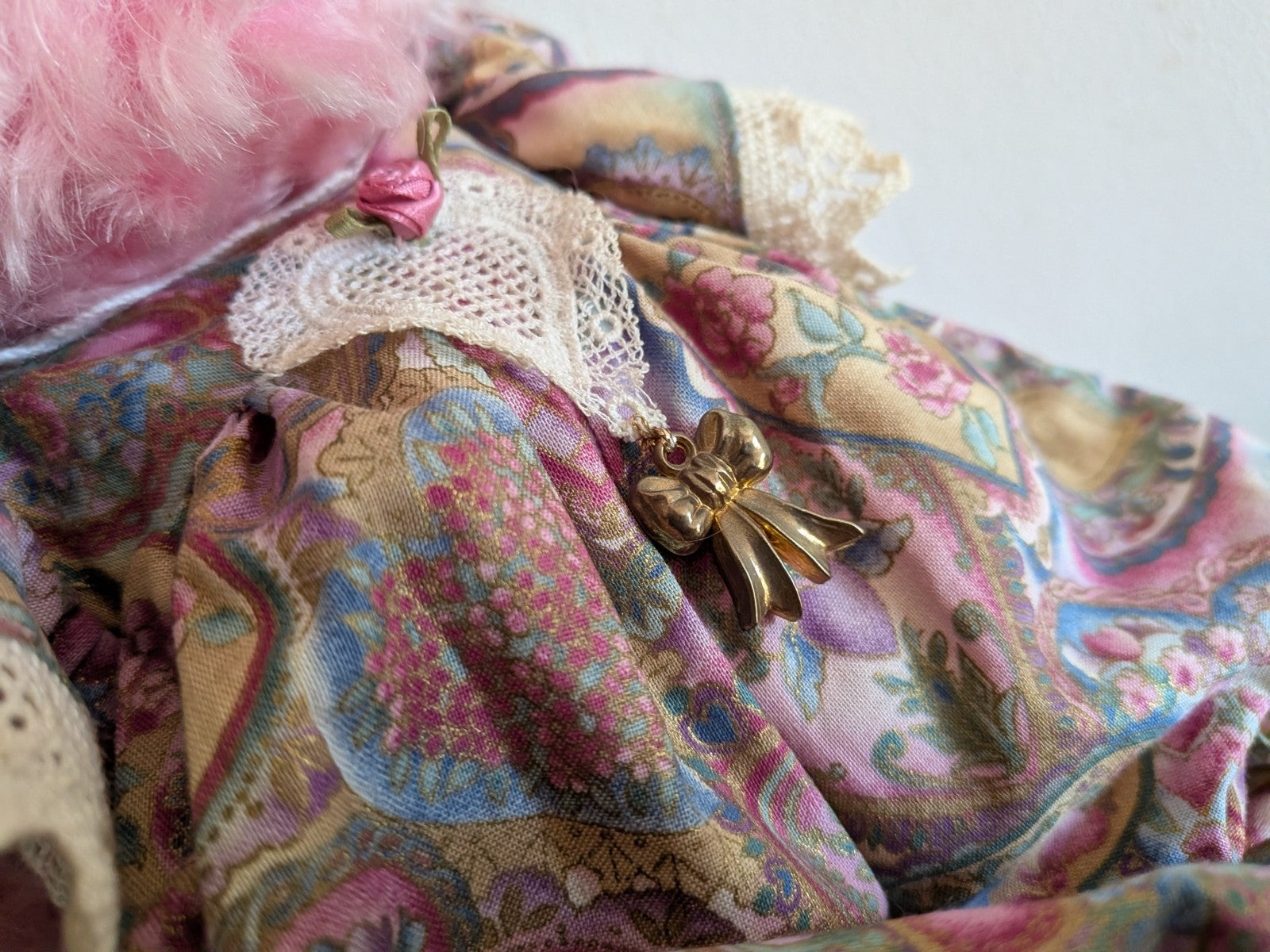 Artist Made Bear Fully Jointed Pink Rosie Handmade Roses Floral Vintage Style 