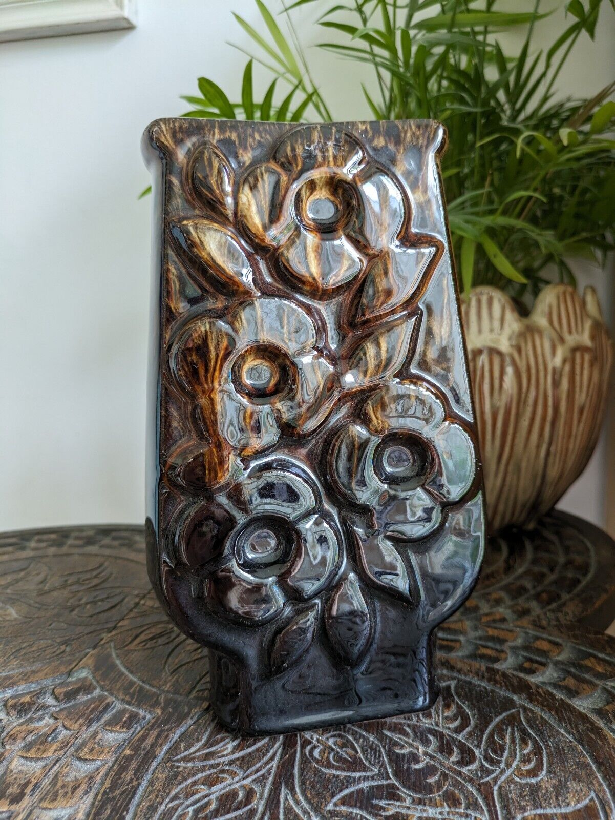 Flower Power Pottery Vase Honeycomb Mottled Brown Drip Glaze 1960s Retro Vintage