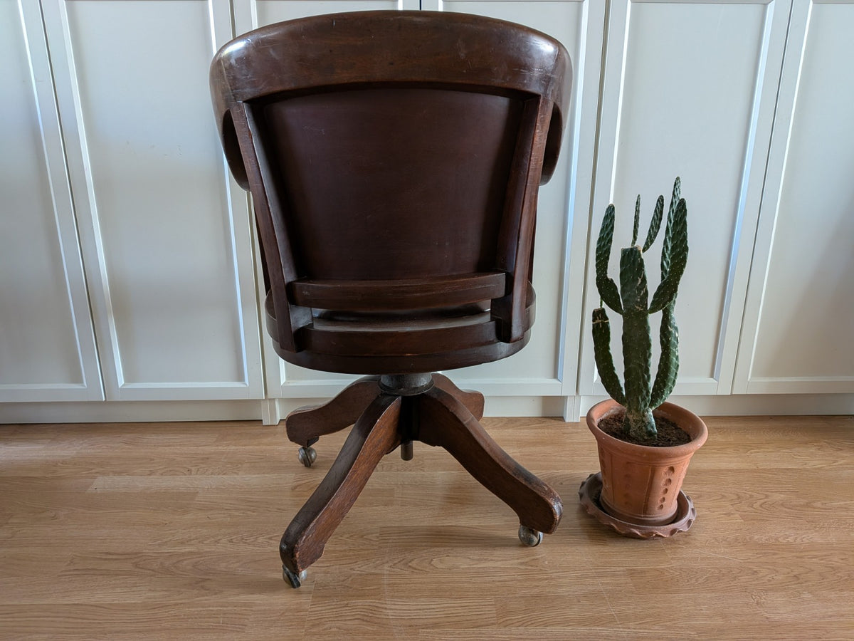 Swivel Office Desk Chair Oak Edwardian Antique Factory Captains Home Leather Vgc