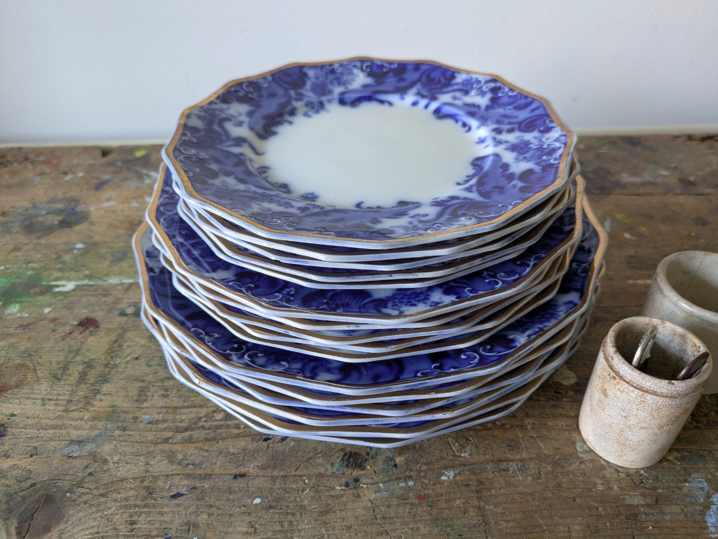 16 Piece Antique Vtg W. H. GRINDLEY Argyle Flow Blue Dinner Dessert Plates Set