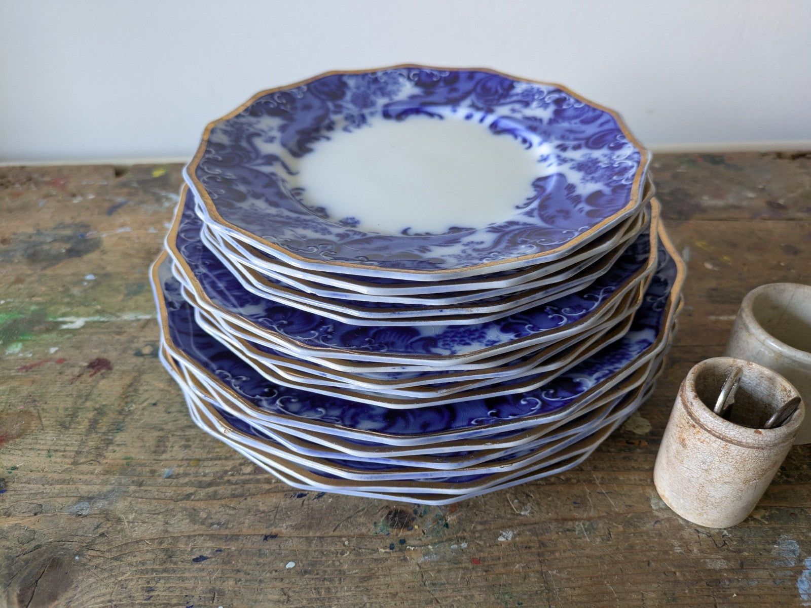 16 Piece Antique Vtg W. H. GRINDLEY Argyle Flow Blue Dinner Dessert Plates Set