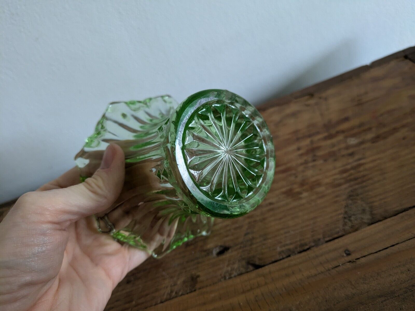 Vintage Art Deco 1930's SOWERBY Lily Gren Pressed Art Glass Posy Vase VGC Small