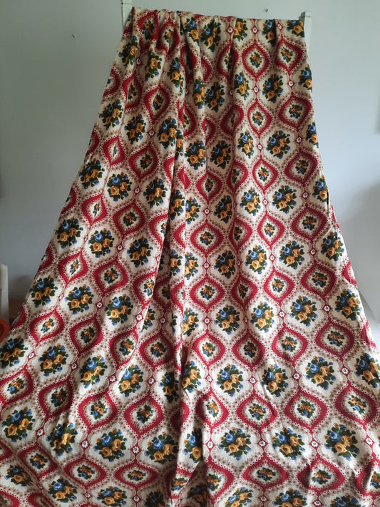 Vntg Barkcloth 50s Fabric Thick 223cmLX 113cmW Retro Rose Floral Red Prop Old 