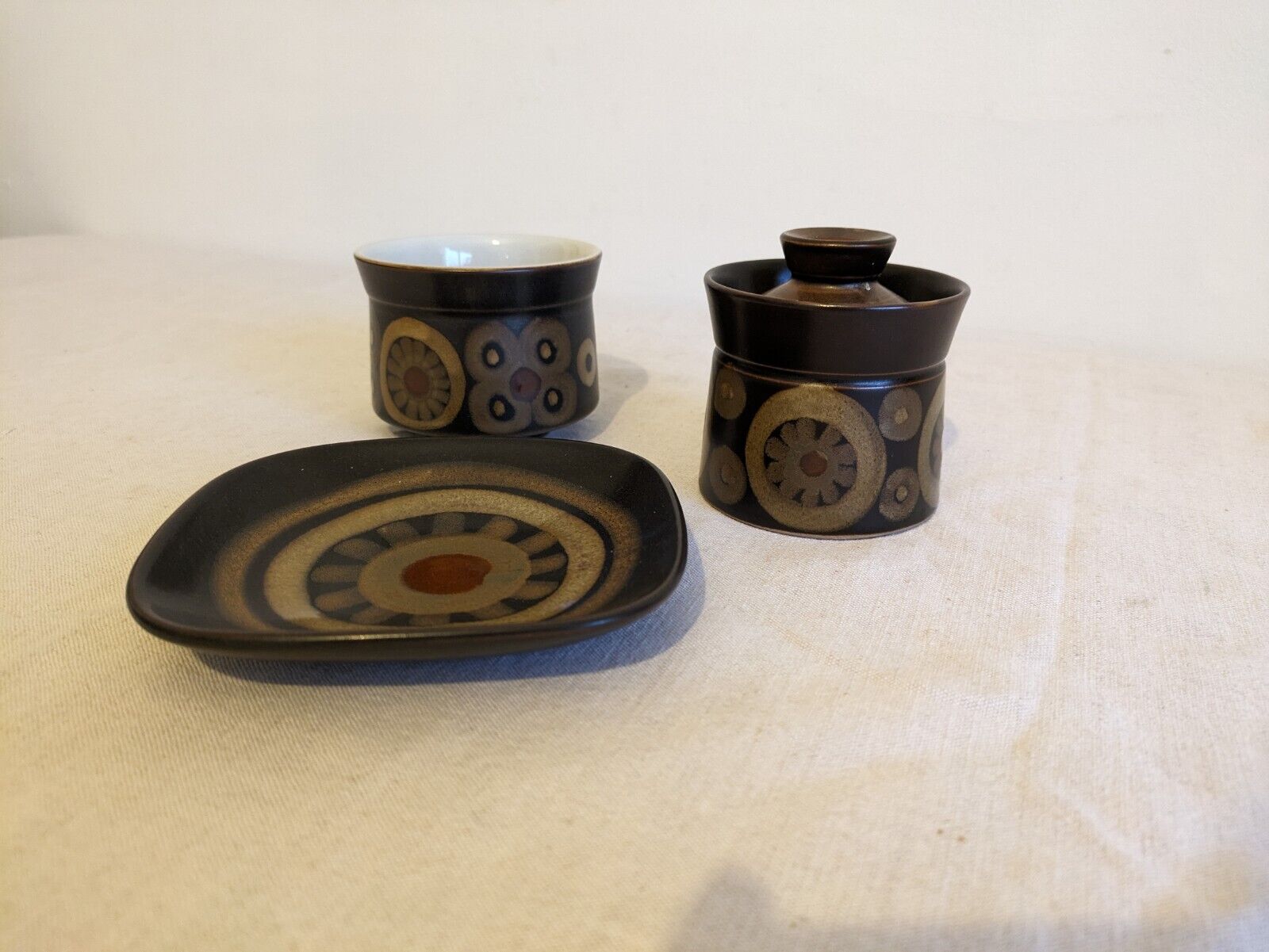 3 PIECE DENBY ARABESQUE 70s TEA BAG DISH SUGAR BOWL JAM 60S SMARKAND POTTERY VGC