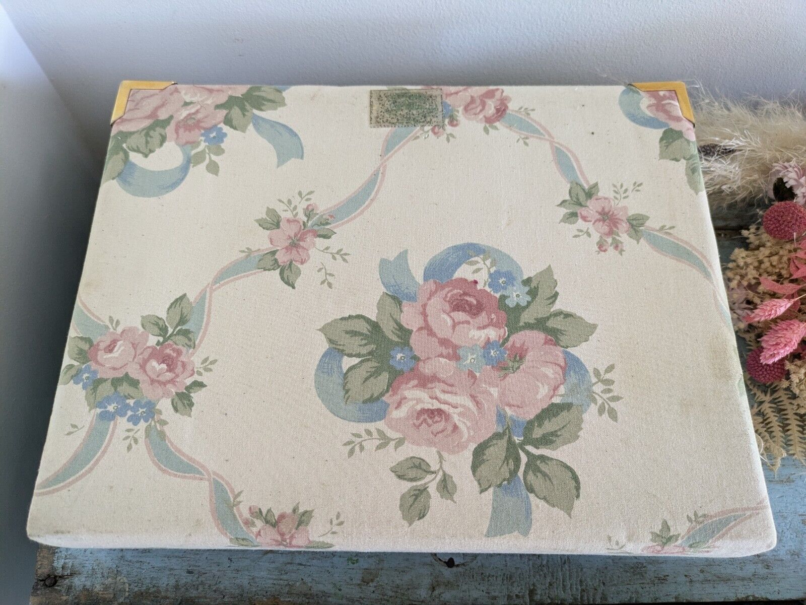 vintage floral Ribbon jewellery box Rose flowers organizer fabric cover Sewing