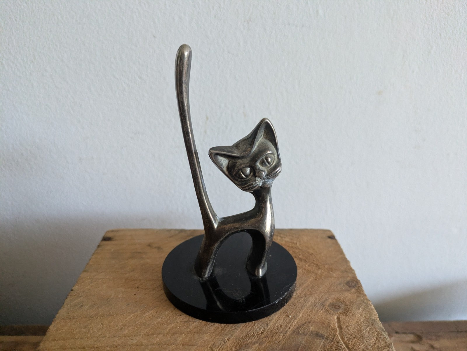 Vintage Silver Metal Coloured Seba Cat Ring Holder with Bakelite Base 1960s Old