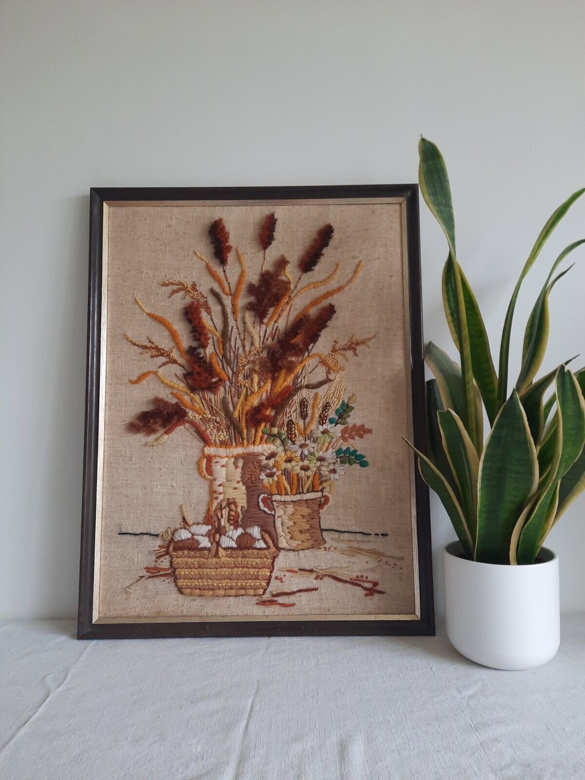 Large Vintage Framed Crewel Embroidery Floral Picture Bouquet Retro Stump Work