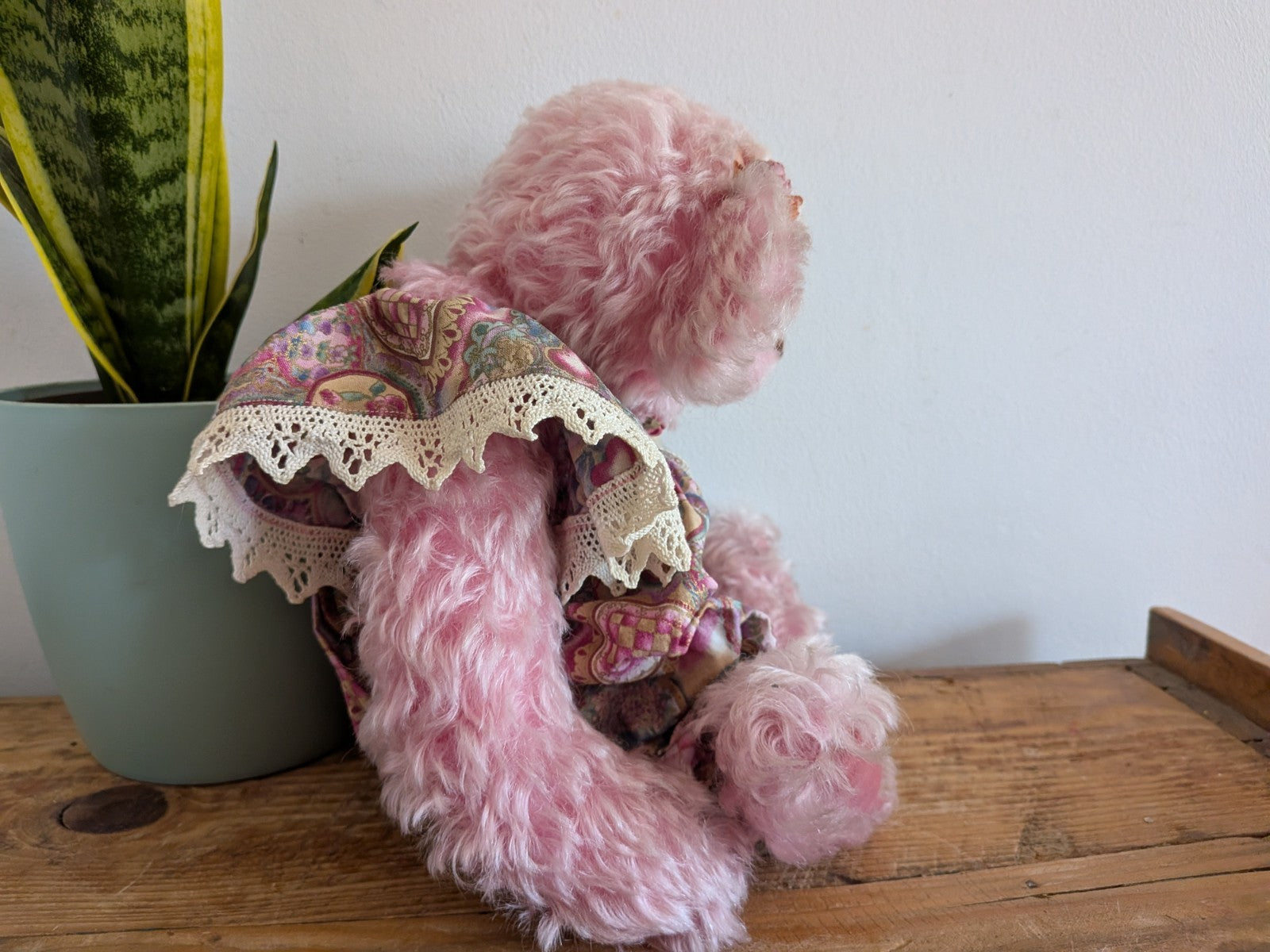 Artist Made Bear Fully Jointed Pink Rosie Handmade Roses Floral Vintage Style 