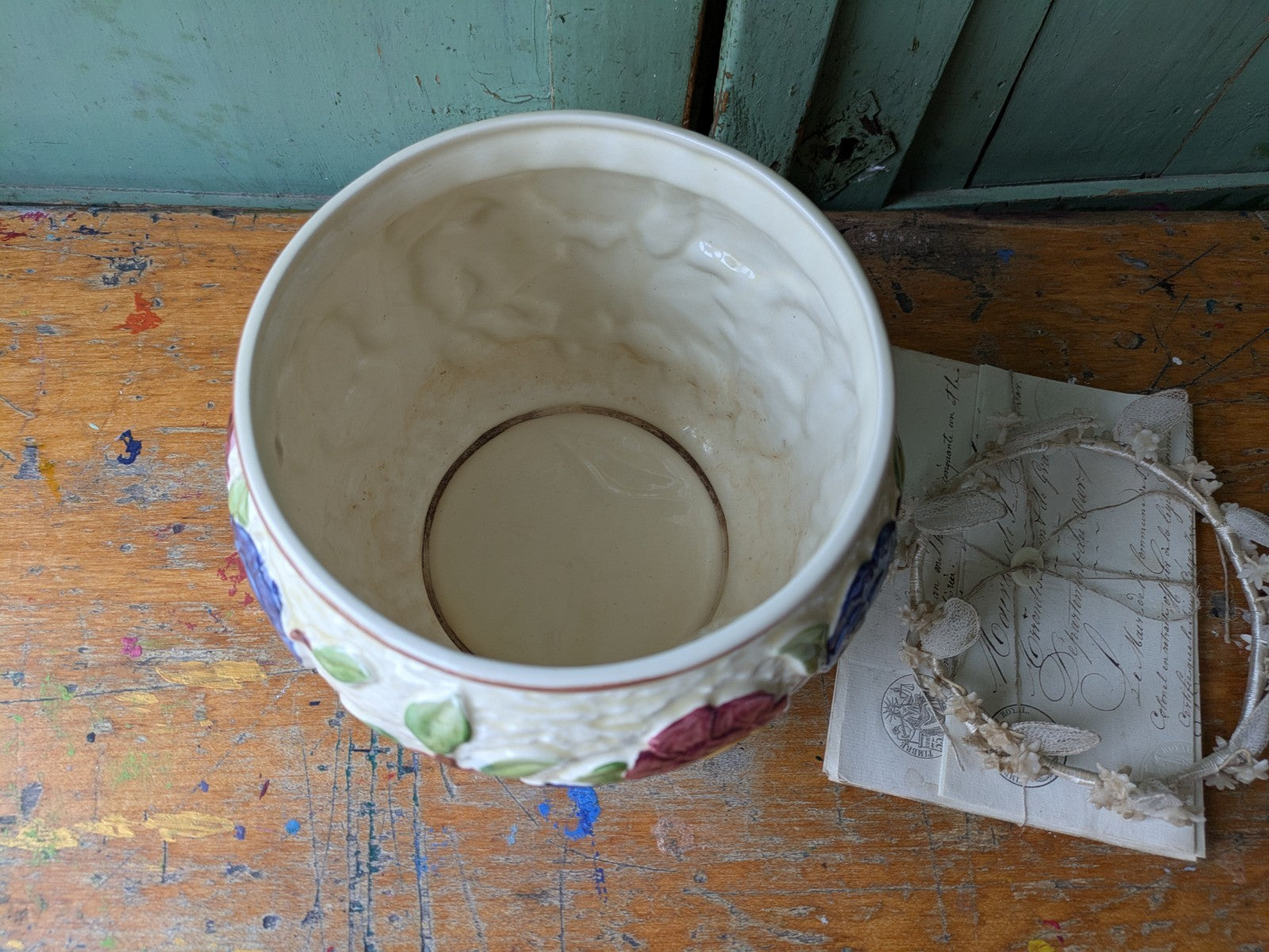 Vintage Plant Pot H J Wood Indian Tree Planter Hand Painted 1930s Colourful Old