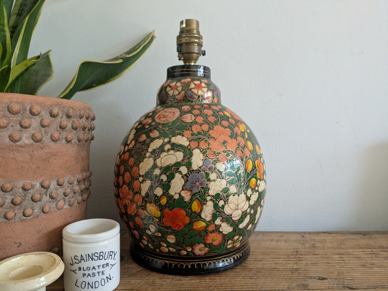 Lamp Base Vintage Kashmiri Indian Lacquer Papier Mache Gilded Flower Cloisonne