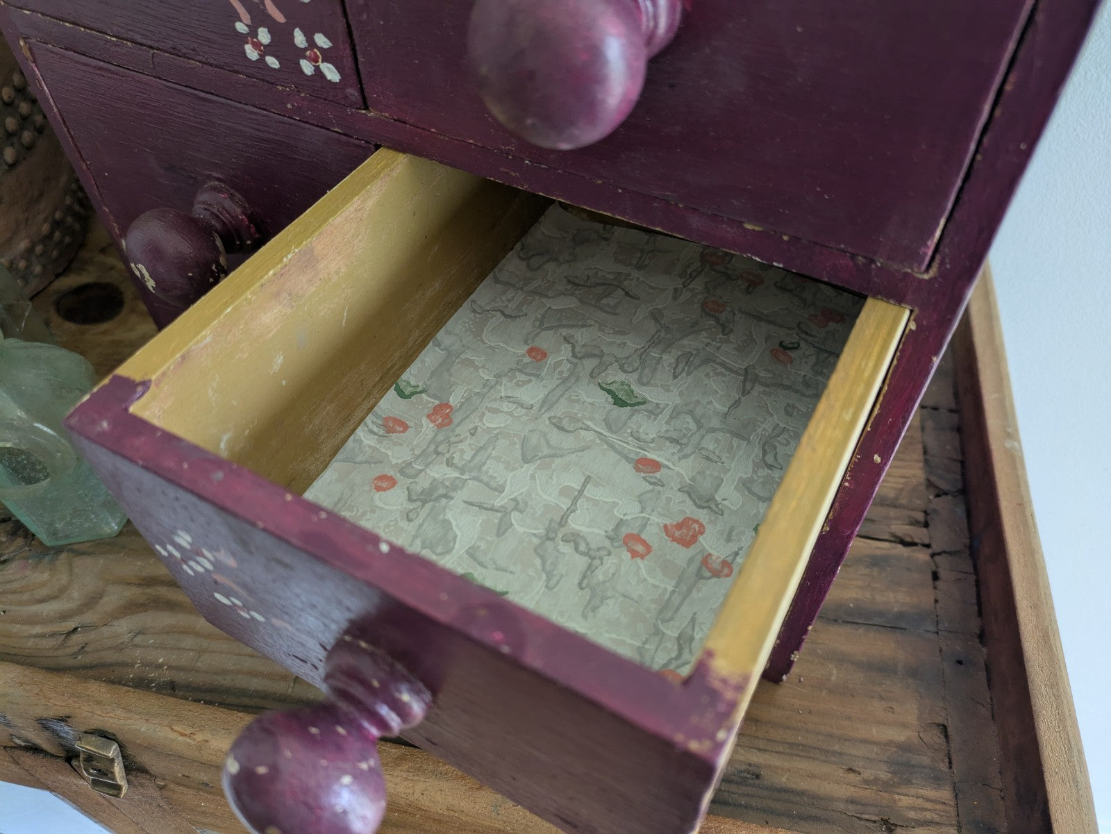VTG Painted Drawer Office Craft Drawers Table Desk Top Index Work Sewing Purple