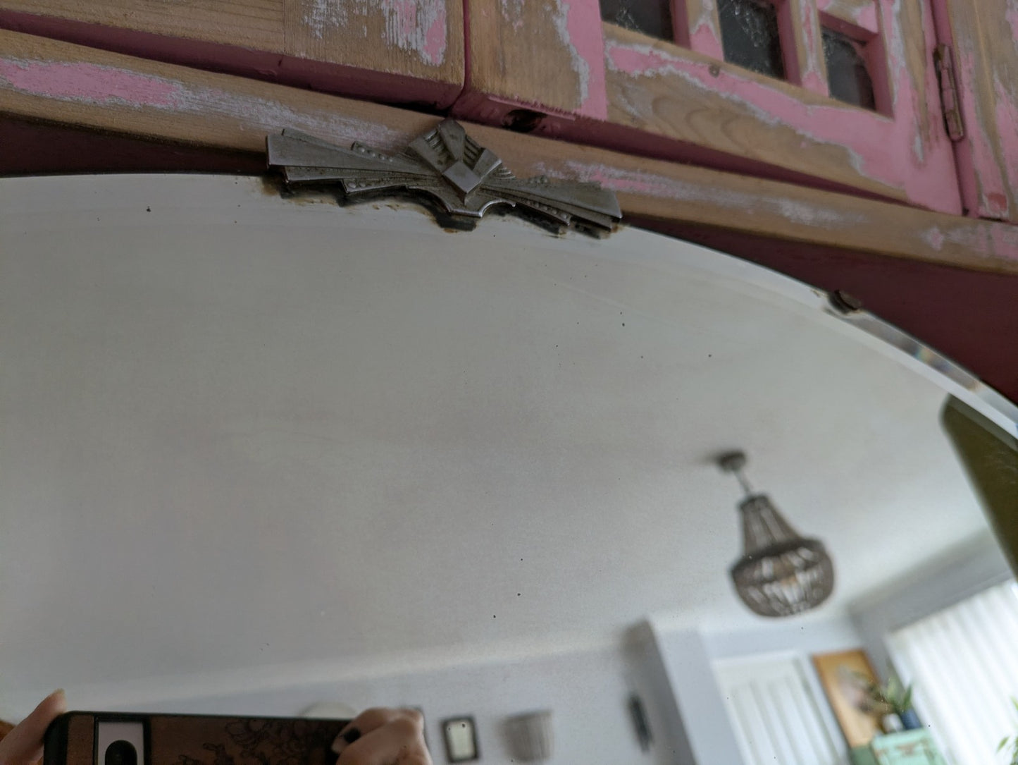 Art Deco Bevel Edge Wall Mirror Frameless & Chain Bevel Edge Oval Vintage Finial