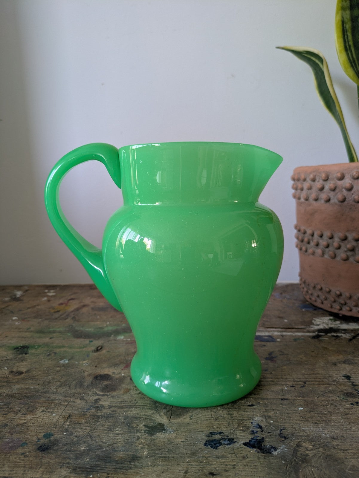 Antique Green Uranium Glass Water Jug Pitcher Jade Jadeite Art Deco Opaque Large