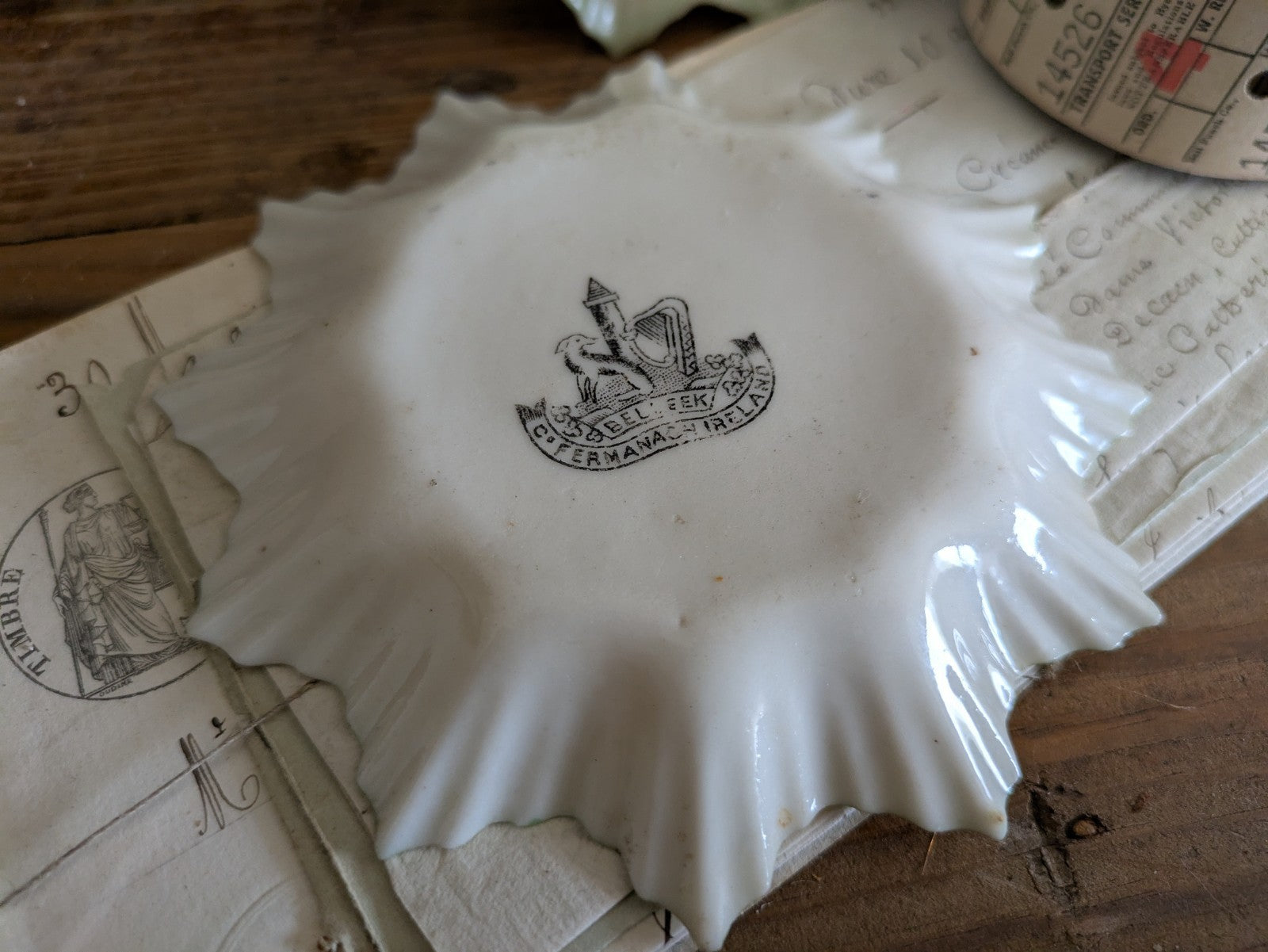 2x Belleek Antique Ruffle Edge Porcelain Green Leaf Plate Dish c.1891-1926 VTG 