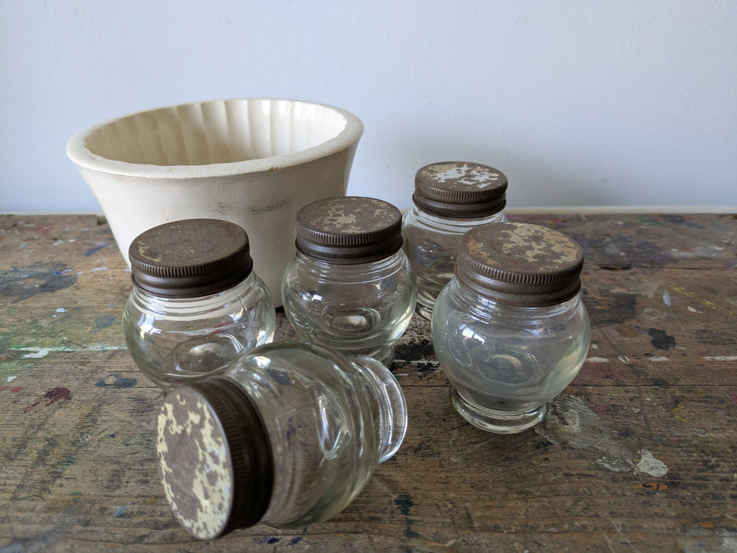 5x Rare Antique Bulb Thick Glass Round Shaped Bakers Cabinet Spice Jars Set VTG
