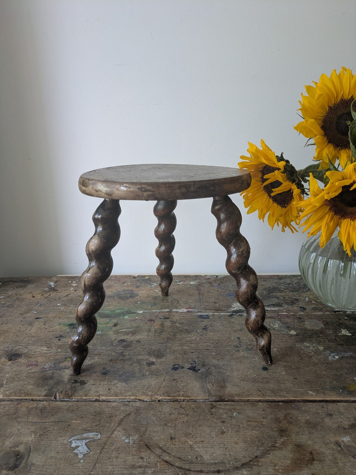 Antique french plant table Mid-1900's woodwork stool Twist Leg Tripod Spiral 