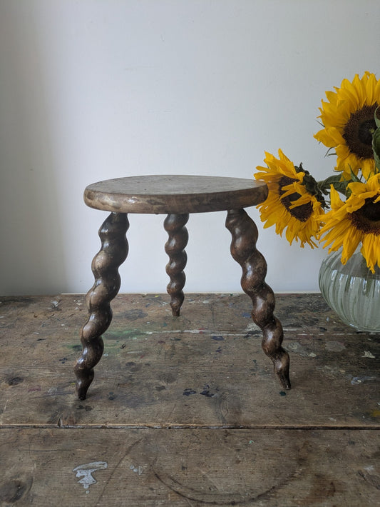 Antique french plant table Mid-1900's woodwork stool Twist Leg Tripod Spiral 