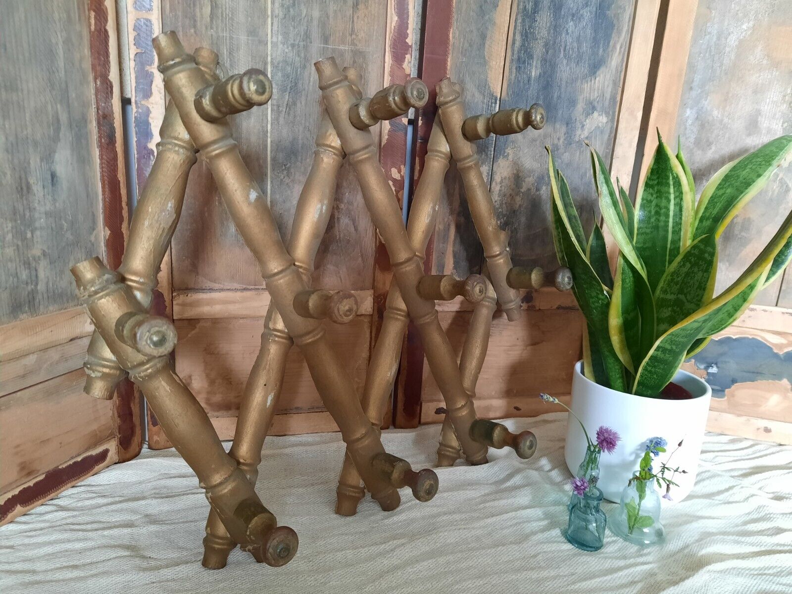 Vintage Wooden Folding Wall Hooks coat Rack Faux bamboo boho French Antique old