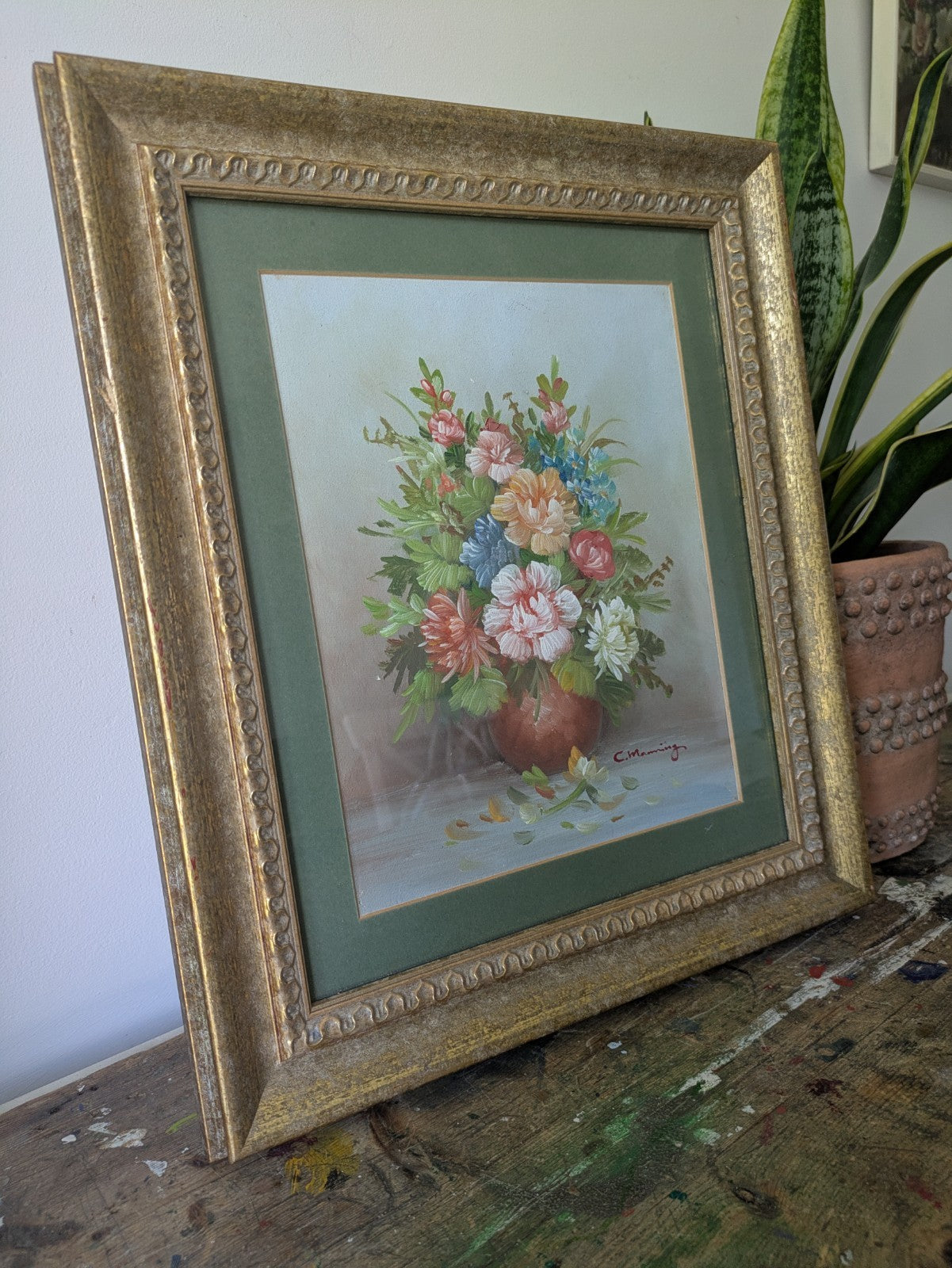 Original Oil Painting on Board C. Manning Bouquet Floral Roses Vase Flowers Vgc