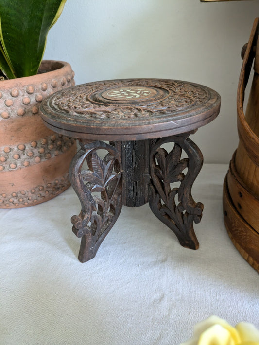 vintage small Carved indian folding table Flat Pack Round Dark Wood Table Boho