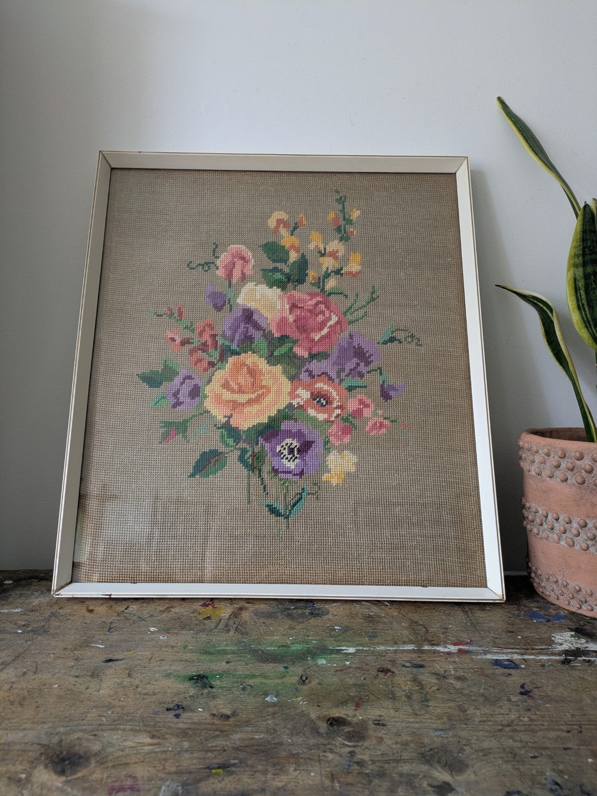 Vintage Handmade Completed Needle Point Tapestry Framed Floral Rose Bouquet Old