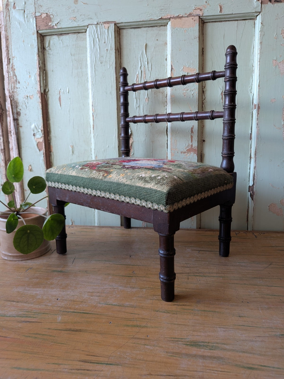 Antique Bobbin Faux Bamboo Childs Chair Apprentice Tapestry Seat Red Riding Hood