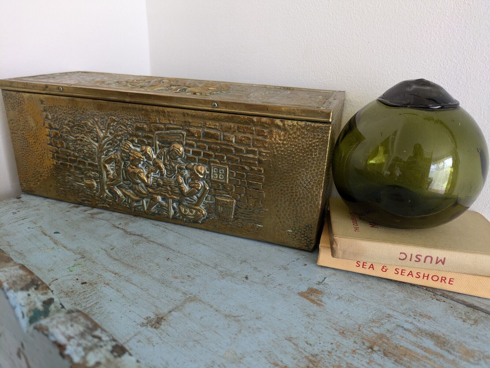 Antique 19th Century Vintage Embossed Brass and Wood Slipper Box Narrow Storage 