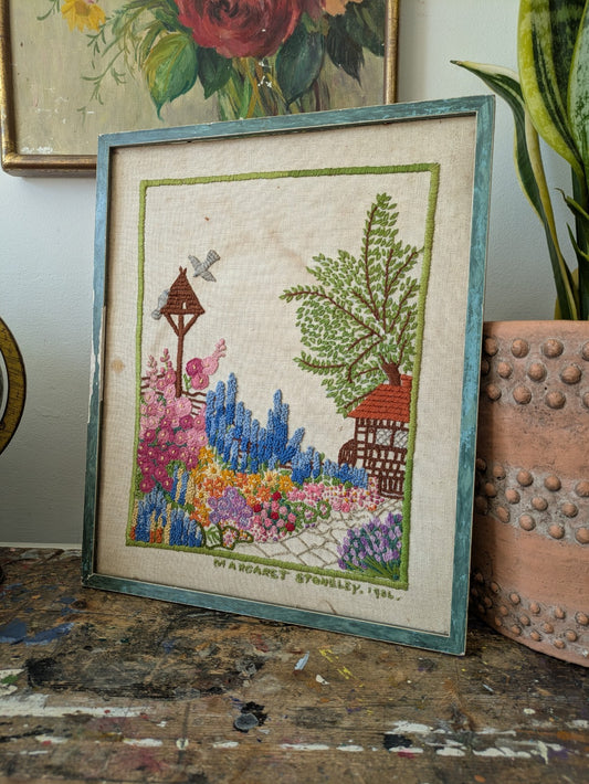 Vtg Floral Embroidery Stitch Picture Tapestry Crewel Cottage Garden Framed 30s