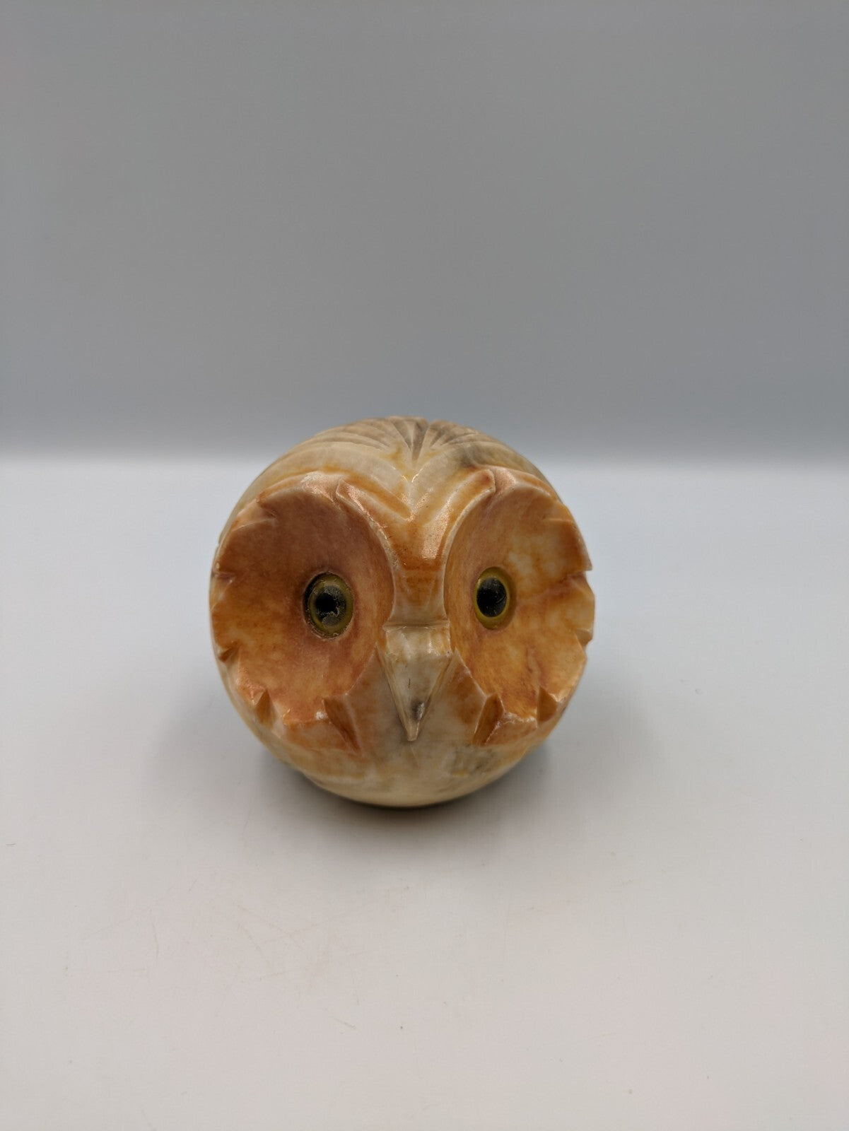Vintage Retro Kitsch Alabaster Stone Owl Carved Yellow Glass Eyes Stone 7.5cm