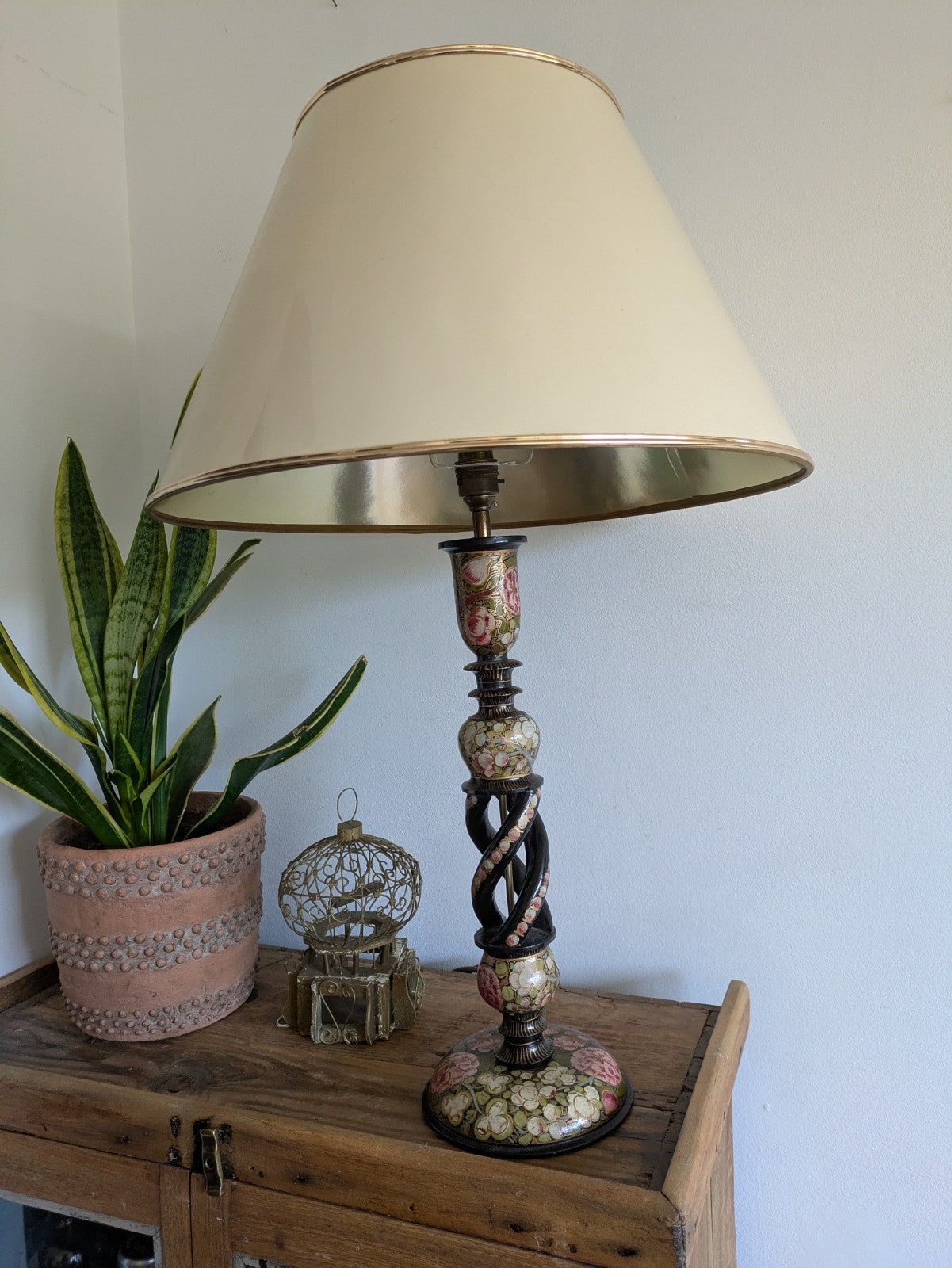 19th C Lamp Vintage Kashmiri Indian Lacquer Papier Mache Gilded Flower Cloisonne