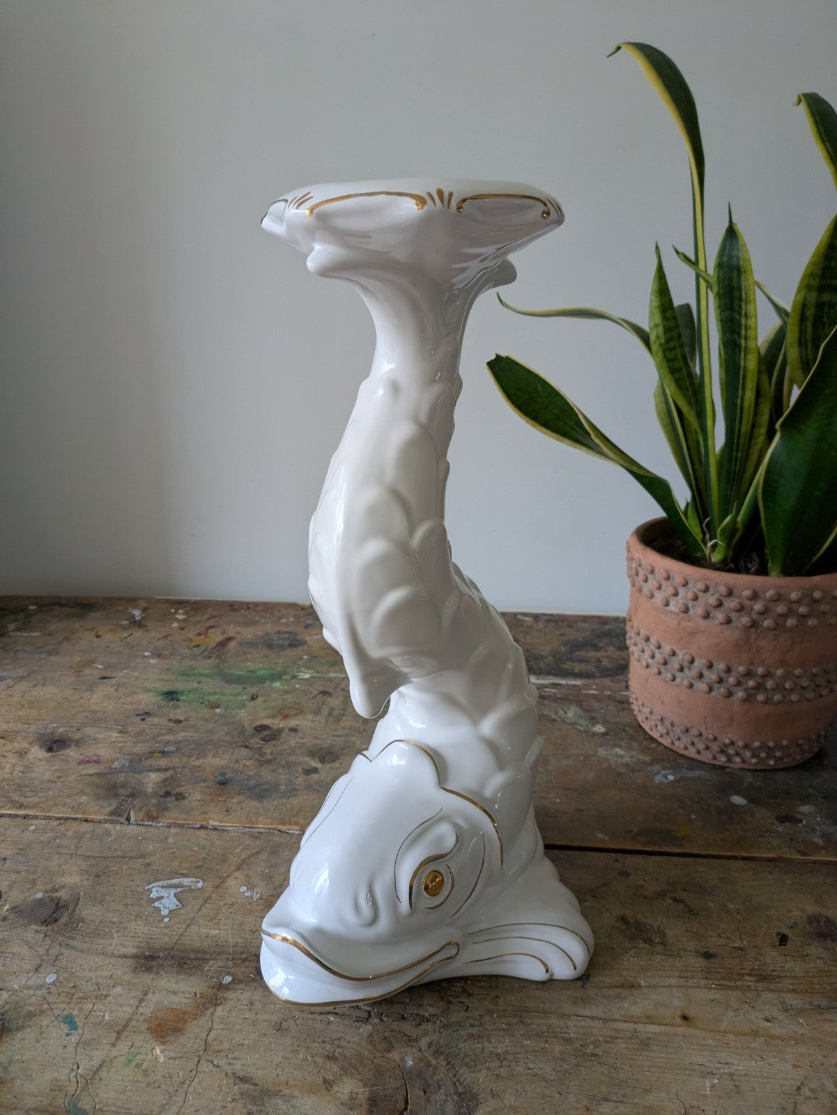 XL DOLPHIN CERAMIC CAPODIMONTE ITALIAN WHITE MID CENTURY VTG PLANT STAND TABLE