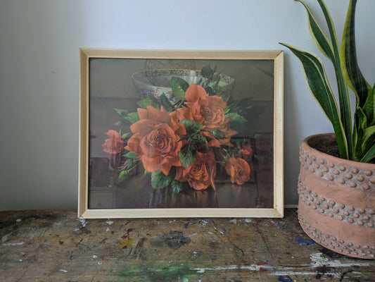 Vintage Kitsch Retro Frame floral bouquet PRINT original Landscape Red Rose Old