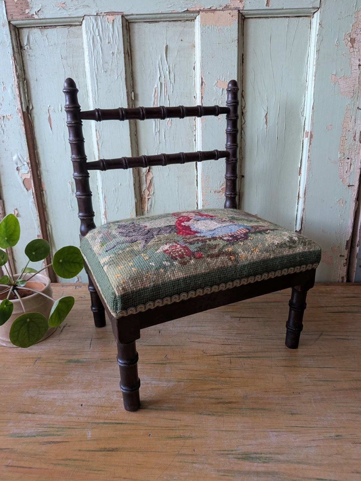Antique Bobbin Faux Bamboo Childs Chair Apprentice Tapestry Seat Red Riding Hood