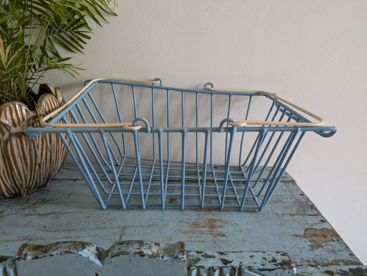 Vntage Pastel Sky Blue Wire Shopping Basket MCM Swing Handle Metal Farmers Retro
