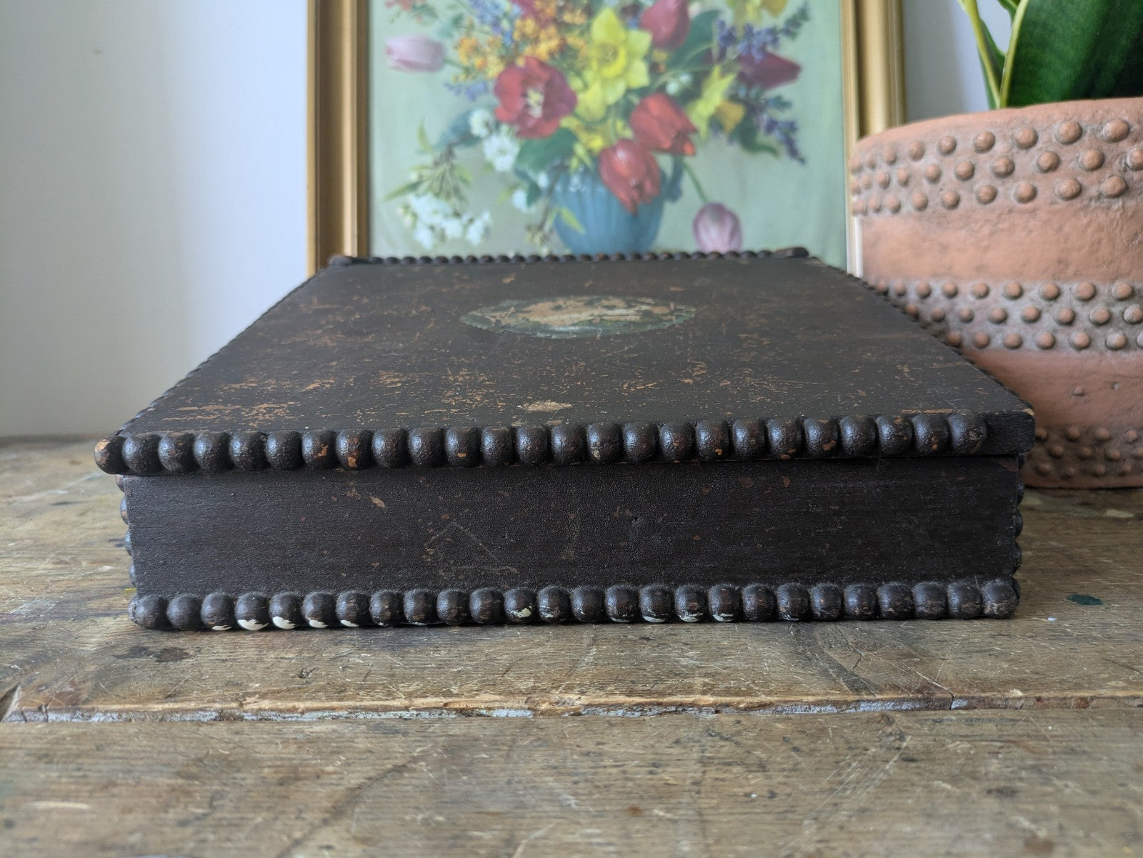Antique Vintage Students Table Top Writing Slope Bobbin Small Box Stationary Old