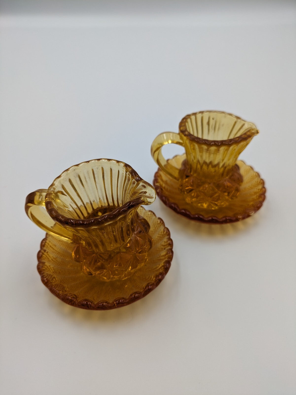 2x Vintage Amber Glass Thistle Shape Cream Milk Jug Toothpick Holder Saucer Rare