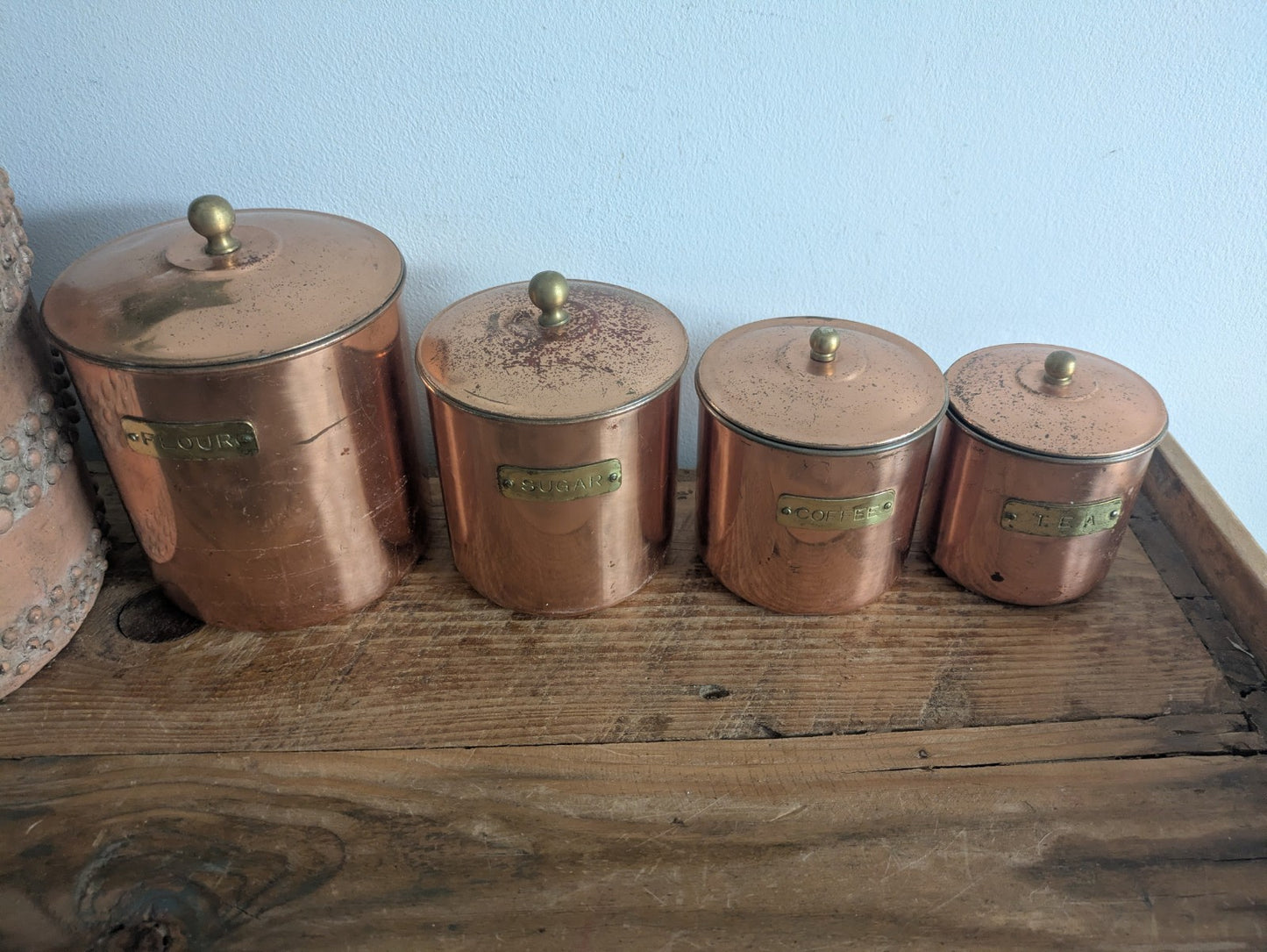 Vtg Copper 4 Nesting Kitchen Canisters MCM Farmhouse Flour Tea Coffee Sugar Prop