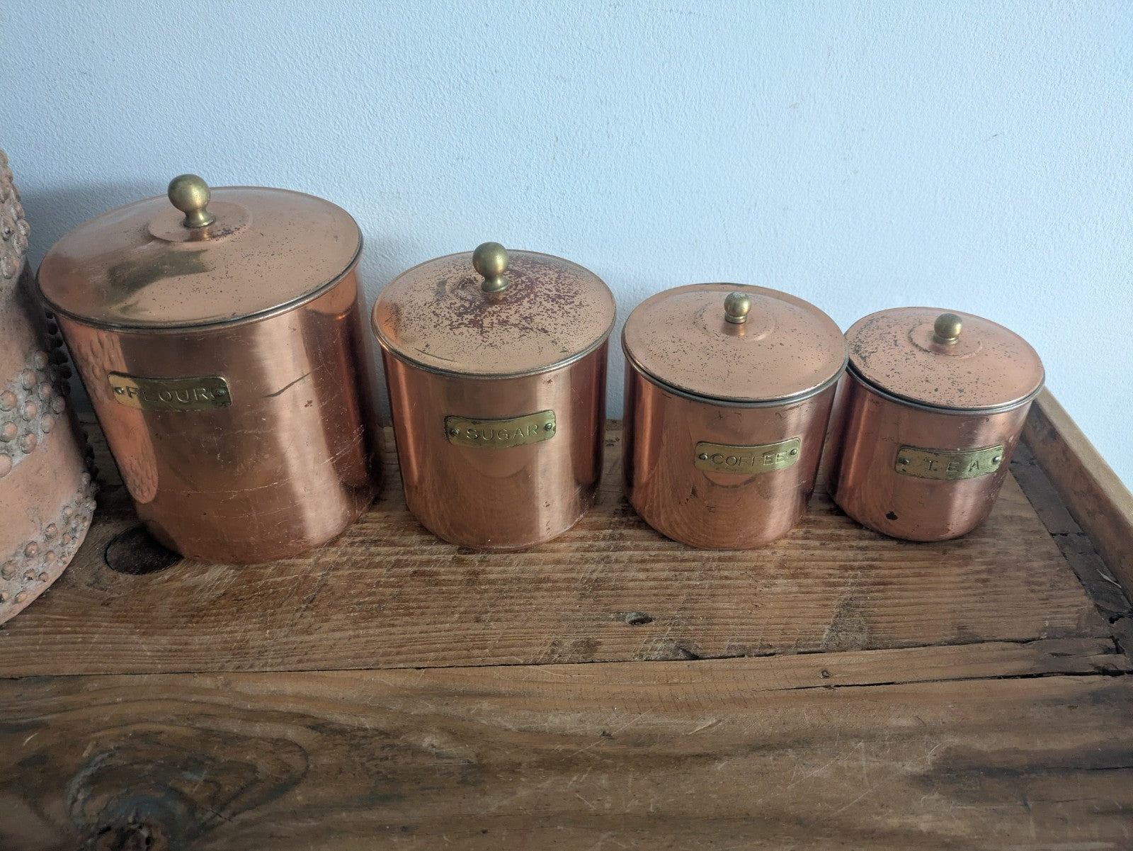 Vtg Copper 4 Nesting Kitchen Canisters MCM Farmhouse Flour Tea Coffee Sugar Prop