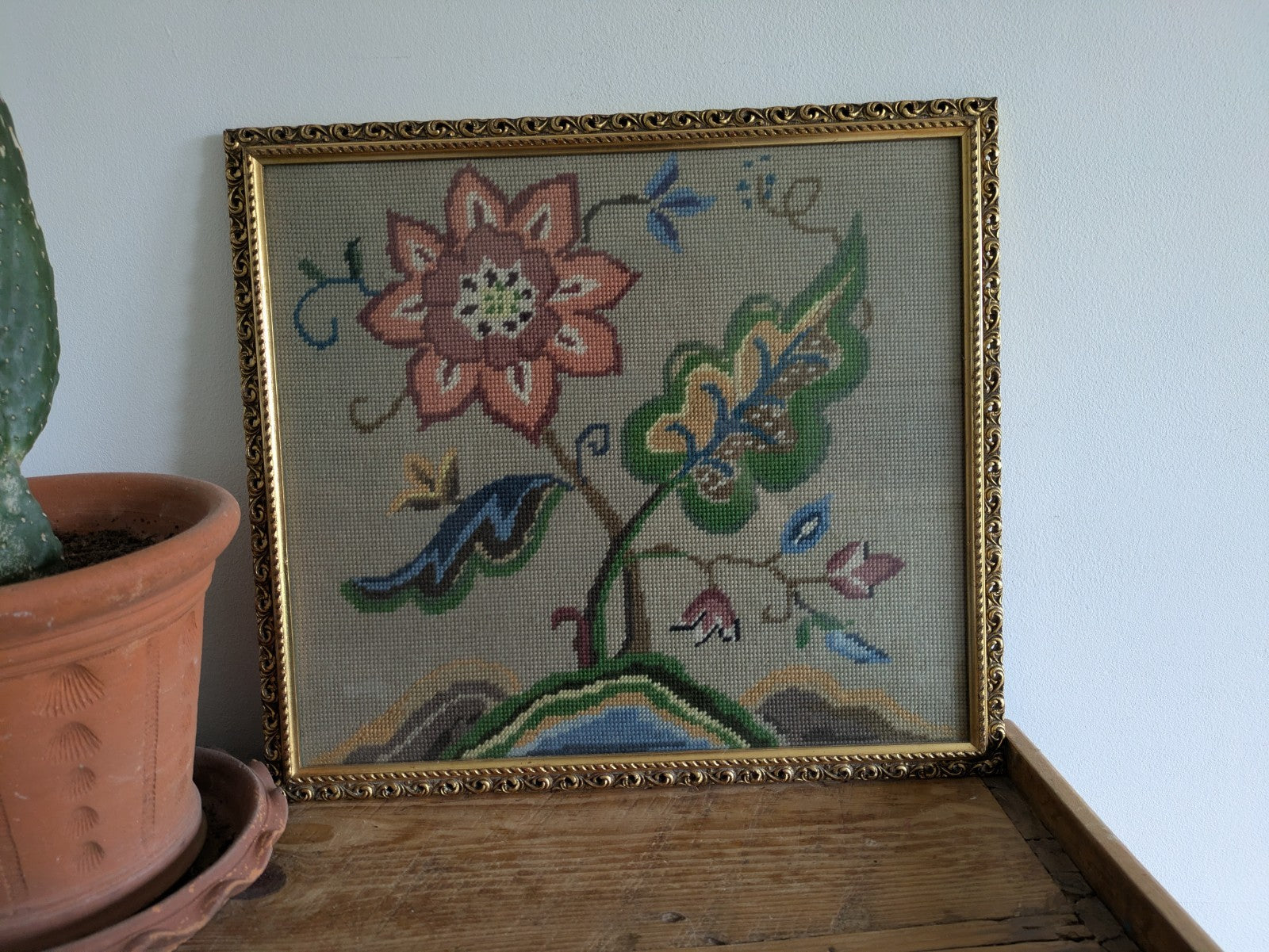 Vintage 1960s Floral Tapestry Embroidery Cross Stitch Picture Framed Tree Life
